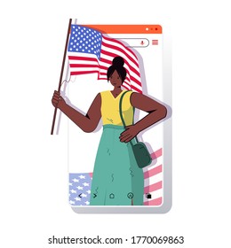 african american woman holding usa flag celebrating 4th of july independence day concept smartphone screen mobile app portrait vector illustration
