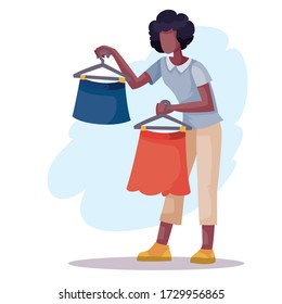 African American woman holds a hanger with skirts in each hand and chooses which one to buy, isolated object on a white background, vector illustration,
