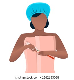 African American woman holds a toothbrush and paste in her hands. Personal hygiene concept. Cartoon flat style. Graphic vector drawing. Can be used for collages and stickers