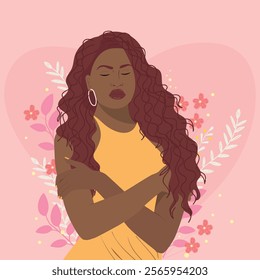 African american woman hug herself. Selflove concept. Singles Awareness Day vector illustration