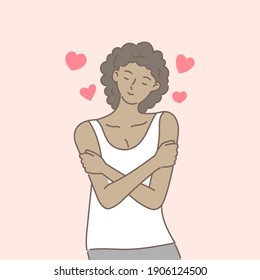 African american woman hugging herself with hearts on pink background. Self love and self care. Love yourself. Love your body concept. Hand draw style. Vector illustration.
