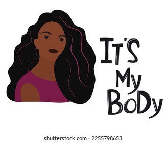 African american woman isolated on white background. Woman is talking for her rights. Illustraition on the topic of female labor, power and feminism. Women's Day. Motivation card. 