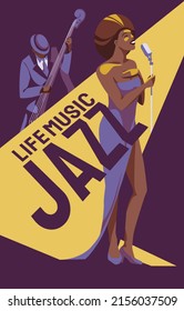 African American Woman Jazz And Soul Singer With Double Bassist On Stage. Design For Poster, Flyer, Festival