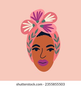 African american woman in african kente and flowers. Concept of mental health and psychology. Black Lives Matters. Vector illustration for postcards, posters, social network.