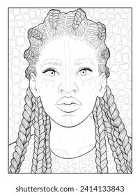 African American woman with long cornrow braids with boho ethnic makeup. Vector line drawing. Background with an African pattern.
