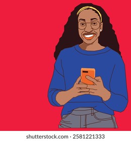 An African American woman with long hair, smiling joyfully after reading her cell phone messages, exuding happiness and positivity in a relaxed setting.