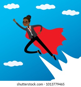 African american Woman looking like Super hero flying in sky with clouds,businesswoman with red cape,vector illustration.