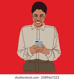 An African American woman with low cut hair reading her cell phone emails smiling