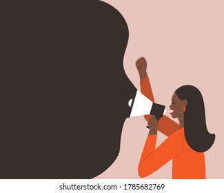 African American woman makes an announcement in a megaphone. The concept of protest. Horizontal banner with place for text.  Vector illustration flat.