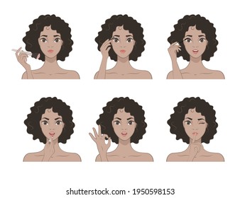 African American Woman Makes Up With Various Actions Set. Steps. Cosmetic. Beauty, Makeup. Healthy. Vector illustration