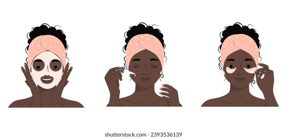 African American Woman making skin care step-by-step, application of masks, Applying Cosmetic Serum Oil, using patches. Skin Care Routine, Hygiene and Moisturizing Concept. Vector flat illustration.
