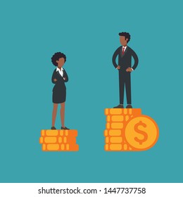 African american woman and man standing on piles of coins, businessman have more than businesswoman. Concept of gender inequality, wage gap, unfair law, woman's rights at work, feminism. Flat vector.