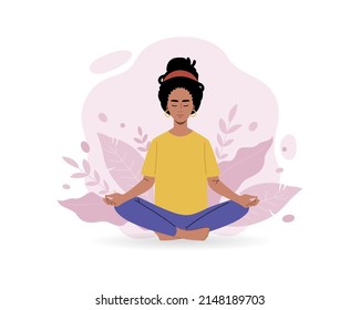 African American woman meditates. Concept of yoga, meditation, zen, relaxation, rest, healthy lifestyle. Vector illustration in flat style