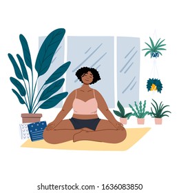 African american woman meditates at home. Cartoon flat urban jungle, body positive, self acceptance, mental health hand drawn concept illustration. 