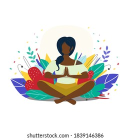 African American woman meditates in nature among flowers. Concept illustration for yoga, meditation, relaxation, healthy lifestyle. Bright colors. Vector illustration, flat.