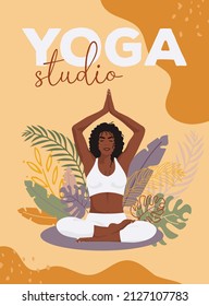 African american woman meditating in lotus position with tropic leafs on background in faceless style for posters, websites. Concept for yoga meditation healthy lifestyle relax and sports activities