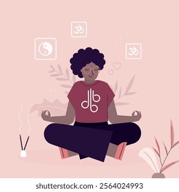 African american woman meditating in the Lotus position and saying Om. Beauty girl with practising the guided meditation. Yoga pose. Calm and correct breathing for full relax. flat vector illustration