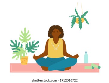 African American Woman Meditating On Yoga Mat. Self-care Flat Vector Illustration.