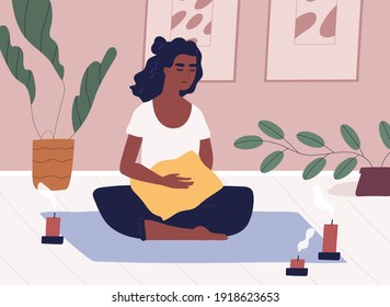 African American woman meditating and performing yoga at home in solitude. Relaxed female character practicing mindfulness meditation and breath control exercises. Flat vector illustration