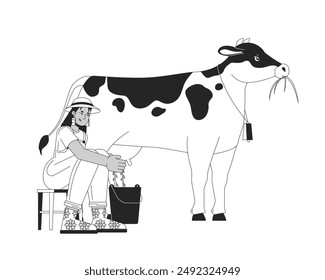 Mujer afroamericana ordeñando vaca 2D personaje de dibujos animados. Granjero negro que trabaja en la granja de productos lácteos aislada persona de Vector plano fondo blanco. Ilustración de mancha de color animal agrícola