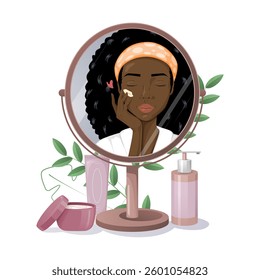 African american woman in the mirror having a morning beauty routine
