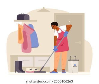 African American woman mopping the floor in the hallway flat vector illustration. House chores.