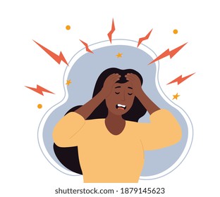 African American Woman with a morning migraine clutching her throbbing head grimacing with pain, colored vector illustration. Chronic fatigue, nervous tension, stress and headache concept