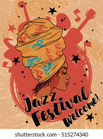 African american woman and musical instruments, jazz festival poster, vector illustration
