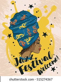 African american woman and musical instruments, jazz festival poster, vector illustration