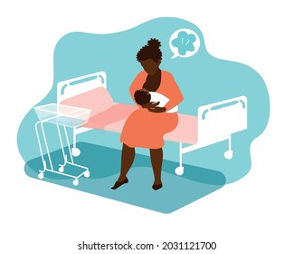 African American Woman With A Newborn Baby Alone In A Hospital Ward Staying With A Baby. Postpartum Depression Period. Frustration, Need For Breastfeeding And Maternal Mental Health Support. EPS10