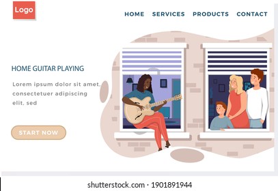 African American woman on balcony plays guitar. Website with home guitar playing. Family listens to music. People at home enjoying time with musical instrument. Musician plays strings on instrument