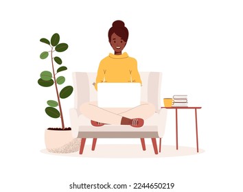 African American woman on a sofa with a laptop working from home, studying or freelancing. Business person. Virtual office work concept.Vector illustration in flat style isolated on white background