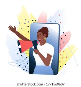 African American woman, opinion leader speaks from a smartphone through a megaphone about a product that she likes. The concept of attracting new customers through referral marketing. Flat vector.