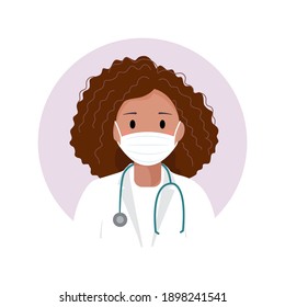 African American woman physician in a medical face mask avatar. Healthcare personal. Therapist. Hospital nurse. Flat style vector illustration. Doctor in a medical mask, white coat and a stethoscope.