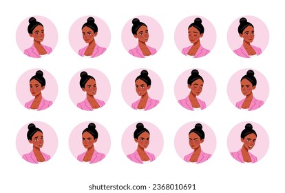 African american woman in pink avatar, black female portrait bundle. Dark skin girl head and shoulders. Different emotions, face icons character pic. Vector cartoon circle set on white background