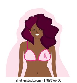 African American Woman in pink bra. illustration for national breast cancer awareness month with pink ribbon symbol. World October Breast Cancer Awareness Month. Medical vector illustration.
