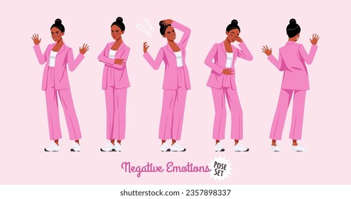 African american woman in pink suit negative emotions pose set. Wide pants, loose fit business casual wear. Fashion, social media, style, beauty and pop culture blogger. Cartoon character illustration