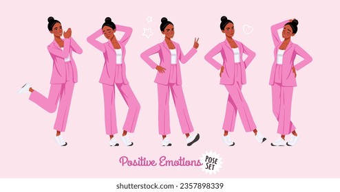 Mujer afroamericana con traje rosa y emociones positivas posan. Pantalones anchos, sueltos, negocios de ropa informal. Moda, medios sociales, estilo, belleza y blogger de cultura pop. Ilustración de carácter de dibujos animados