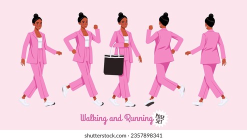 Mujer afroamericana con traje rosado caminando, corriendo posando. Pantalones anchos, sueltos, negocios de ropa informal. Moda, medios sociales, estilo, belleza y blogger de cultura pop. Ilustración de carácter de dibujos animados