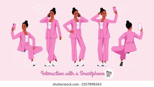 African american woman in pink suit using smartphone pose set. Wide pants, loose fit business casual wear. Fashion, social media, style, beauty, pop culture blogger. Cartoon character illustration