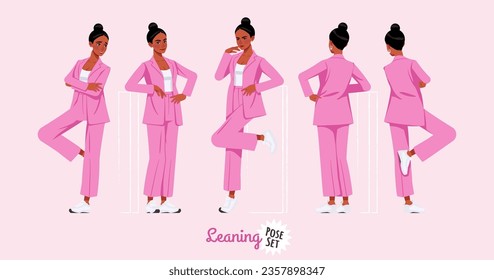 African american woman in pink suit standing leaning pose set. Wide pants, loose fit business casual wear. Fashion, social media, style, beauty and pop culture blogger. Cartoon character illustration