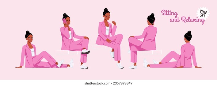 Mujer afroamericana con traje rosa sentada, relajante pose. Pantalones anchos, sueltos, negocios de ropa informal. Moda, medios sociales, estilo, belleza y blogger de cultura pop. Ilustración de carácter de dibujos animados