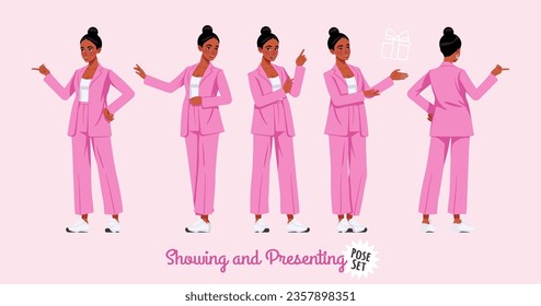 Mujer afroamericana con traje rosado mostrando un juego de pose. Pantalones anchos, sueltos, negocios de ropa informal. Moda, medios sociales, estilo, belleza, blogger de cultura pop. Ilustración de carácter de dibujos animados