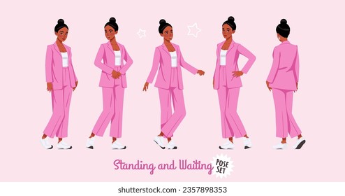 African american woman in pink suit standing, waitng pose set. Wide pants, loose fit business casual wear. Fashion, social media, style, beauty and pop culture blogger. Cartoon character illustration