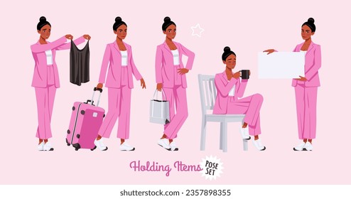 African american woman in pink suit holding items pose set. Wide pants, loose fit business casual wear. Fashion, social media, style, beauty, pop culture blogger. Cartoon character illustration