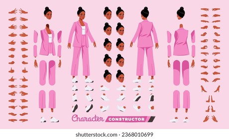 African american woman, pink suit character DIY constructor. Wide pants, loose business casual wear. Head, leg, hand gestures, black female fashion blogger emotions. Vector cartoon construction kit