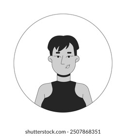 Mujer afroamericana pixie haircut blanco y negro 2D Vector avatar ilustración. Cara de personaje de dibujos animados de contorno de cabello corto femenino negro aislado. Retrato de Imagen de perfil de usuario plano casual Corporativa