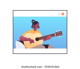 african american woman playing guitar in web browser window online music theory concept portrait horizontal vector illustration