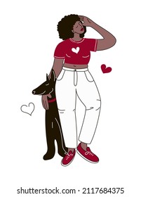 African American woman plus size stands and hugs a doberman dog. Vector illustration in black, red, brown and white in doodle style isolated on white background