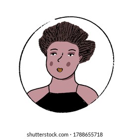 African American woman portrait, hand drawn doodle in round frame. Black curly hair style vector drawing.